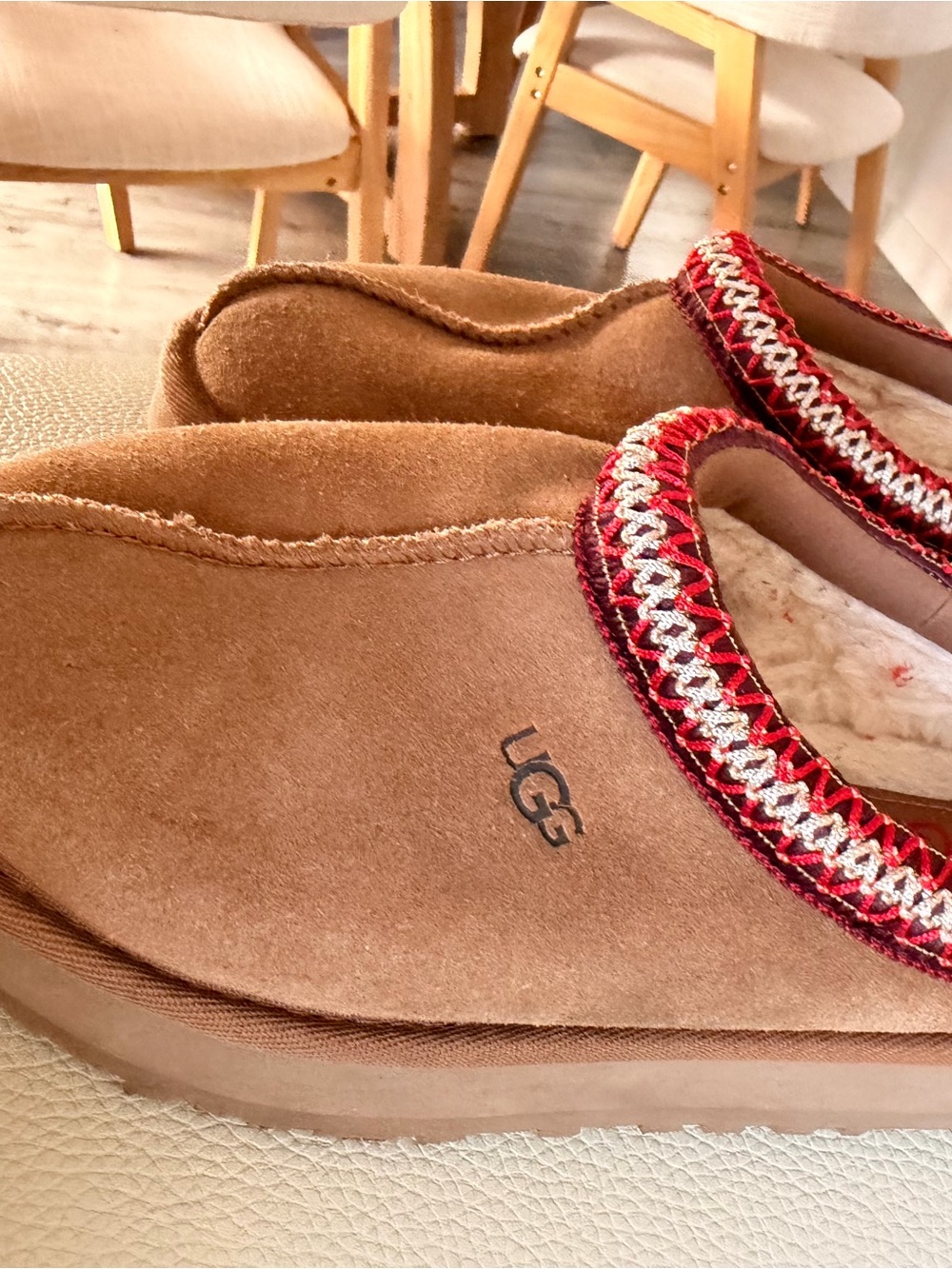 UGG Chestnut Brown Suede Slip-On Slippers with Red Braided Trim